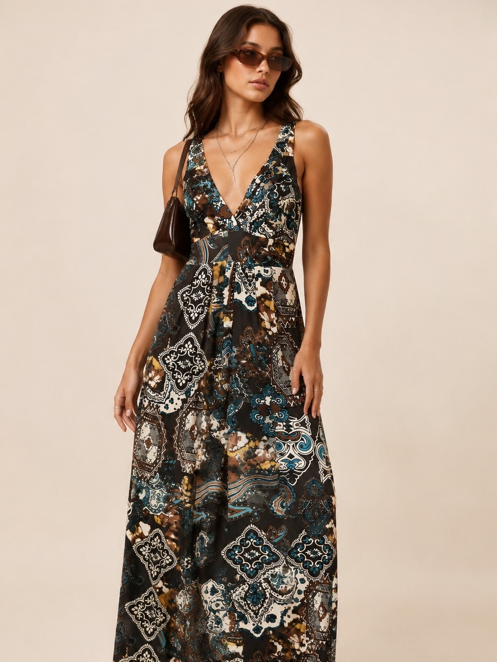 vintage catch my i y2k maxi dress small brown teal boho paisley fairy grunge